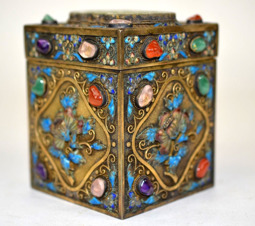 Chinese Enameled Silver Square Box w. Jade (1 of 10)