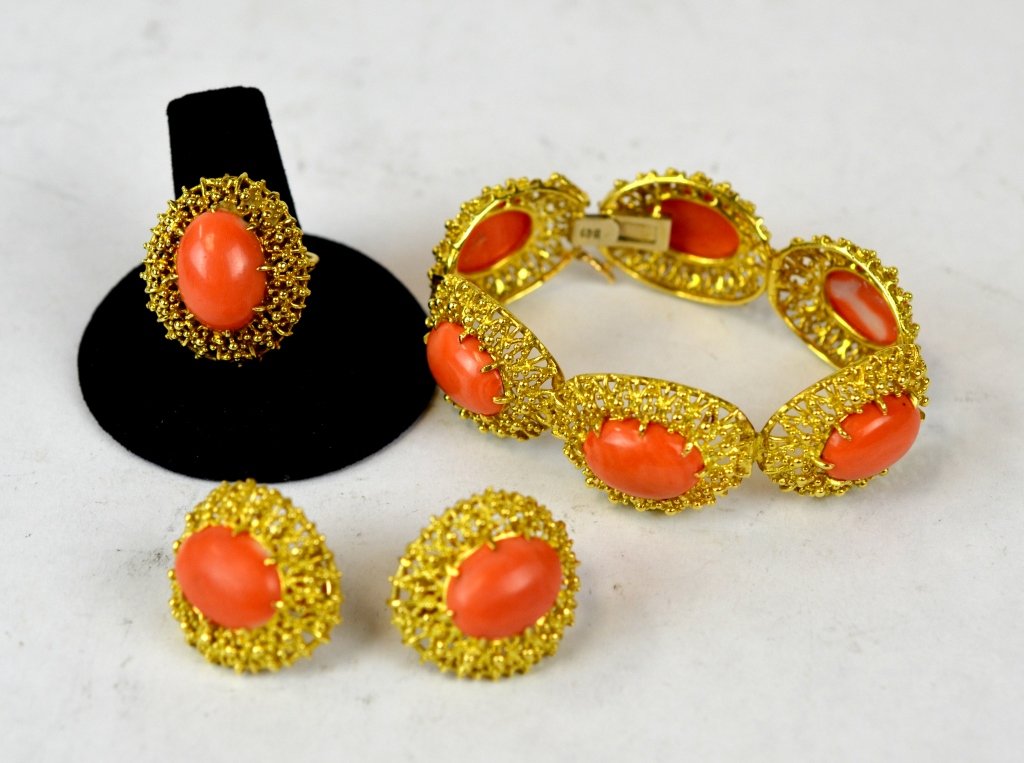 Set of 14K Gold Coral Bracelet, Earrings & Ring (1 of 7)