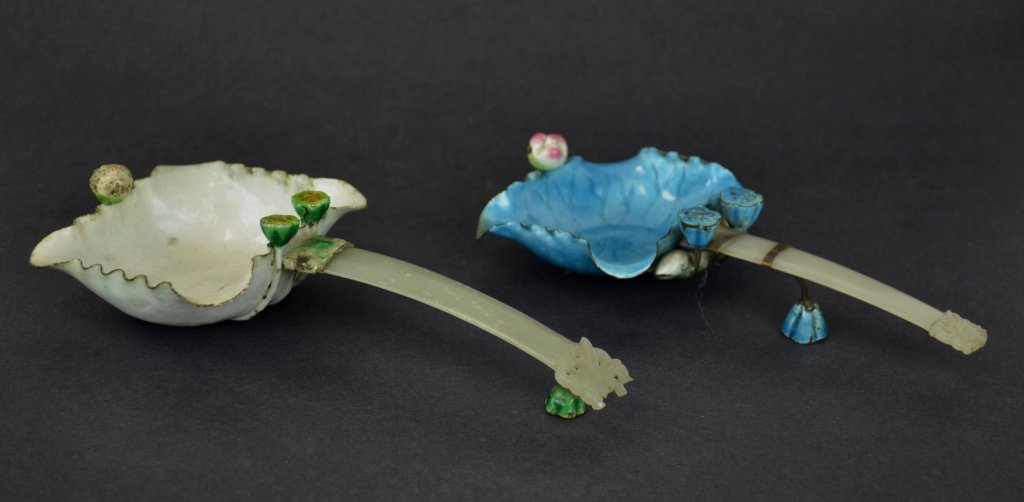 Two Chinese Enamel, Silver, & Jade Handled Dish (1 of 9)