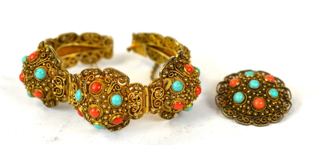 Gilt Silver Coral & Turquoise Bracelet & Pin (1 of 9)