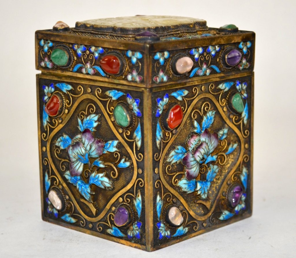 Chinese Enameled Silver Square Box w. Jade (1 of 10)
