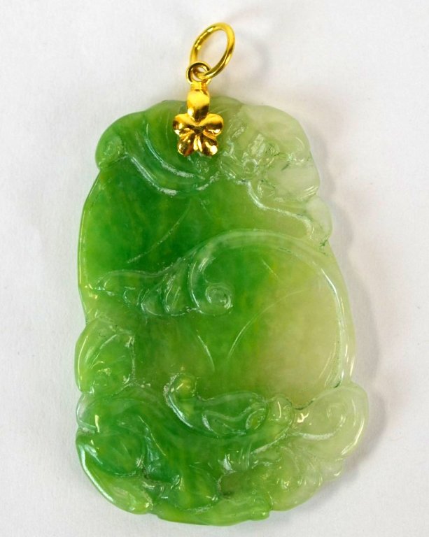 Chinese Carved Natural Jadeite & 14k Gold Pendant (1 of 5)