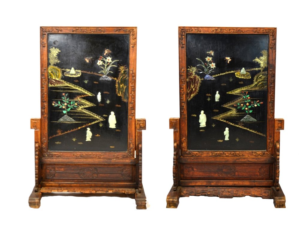 Pair Chinese Lacquer, Jade & Stone Floor Screens (1 of 10)