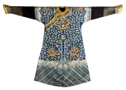 Chinese Imperial Dragon Embroidered Robe, Qing: Chinese robe, Qing Dynasty, embroidered with Imperial dragon and cloud design in gold against a deep blue ground. 81" x54 1/2"