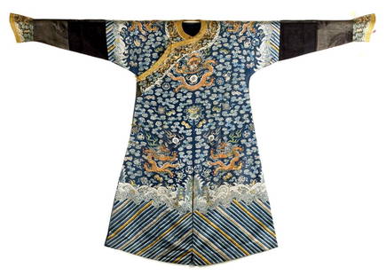 Chinese Imperial Dragon Embroidered Robe, Qing: Chinese robe, Qing Dynasty, embroidered with Imperial dragon and cloud design in gold against a deep blue ground. 81" x54 1/2"