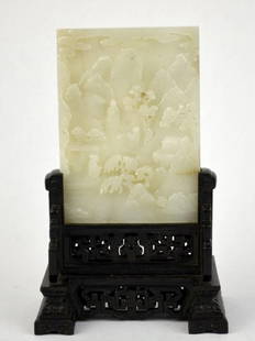 Chinese Carved Rectangular Jade Plaque & Stand: Qing Dynasty. Fine Chinese white jade plaque, the front carved with figures in a mountainous village, the back with ducks swimming in a pond, beneath a tree, complete with carved wood stand. Plaque: 5