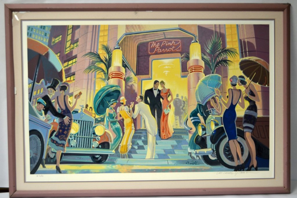 Large Framed Michael Young Lithograph: Large lithograph by Michael Young, "The Pink Parrot", depicting figures outside a nightclub. Framed. Sight: 44" x 30", Frame: 48" x 32"