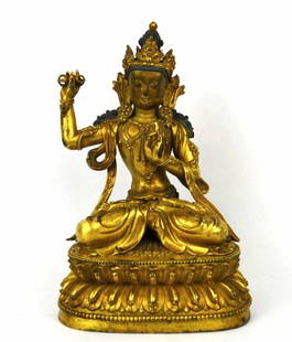 Chinese Fine Gilt Bronze Buddha Figure: Chinese fine gilt bronze buddha figure seated upon a lotus. Incised Buddhist symbol on bottom. 9" x 6" x 4"