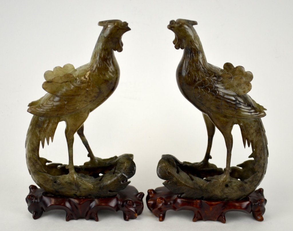 Pr Chinese Carved Jade Phoenix Birds w Wood Stands (1 of 10)