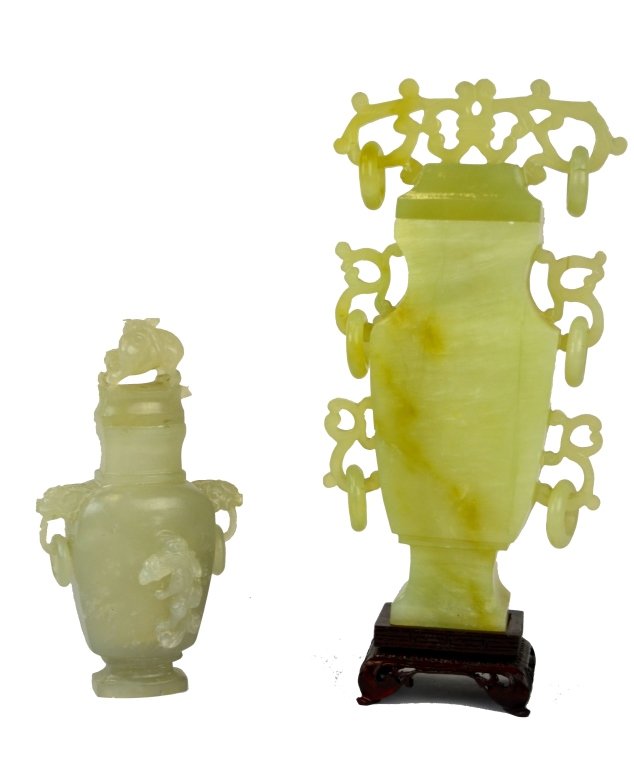 Two Carved Jade Lidded Vases or Urns on Stand (1 of 8)