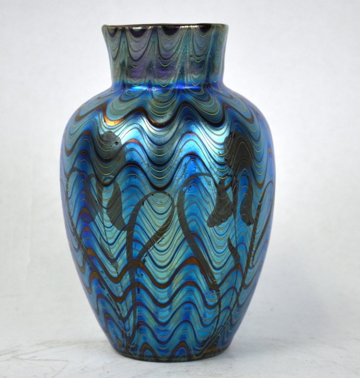 Loetz Blue Art Glass Vase With Flowers: Loetz blue art glass vase with flowers encircling the body. 6" x 3 1/2"