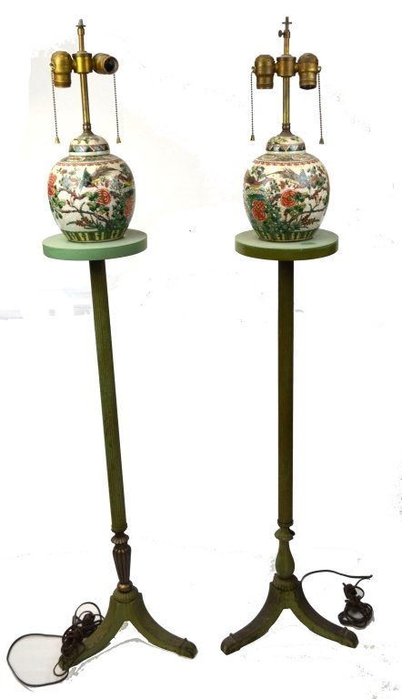 Pr Chinese Famille Rose Jars on Wood Stand: Pair Chinese Famille Rose covered jars on tall wood stands. Overall 52", Pottery: 8 1/4"