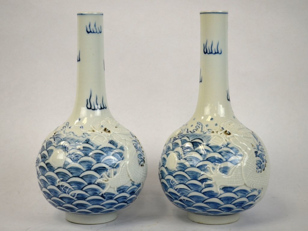 Pair Chinese Blue & White Porcelain Dragon Vases (1 of 9)
