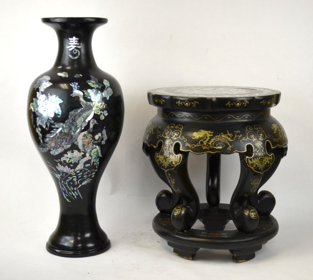 Chinese Lacquer Vase & Stool w Mother of Pearl (1 of 10)