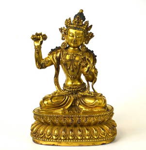 Fine Chinese Gilt Bronze Buddha Figure: Ming Dynasty. Fine Chinese gilt bronze Buddha figure with six Chinese characters mark on the front top of the lotus base. 8 1/2" H x 6" W. This is from Long Island New York private collector.