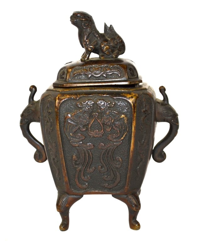 Chinese Bronze Incense Burner: Chinese bronze incense burner with foo dog perched on lid and elephant handles. 6 1/2" x 5"