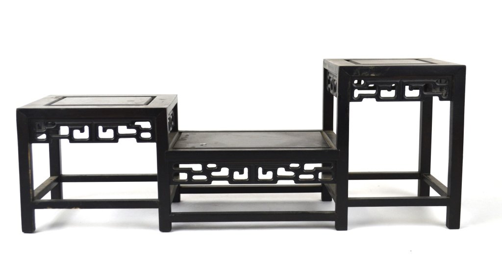 Chinese Wood Stand: Chinese carved wood stand with connected three section stand at different level high. 21" L x 8"H x 6" D