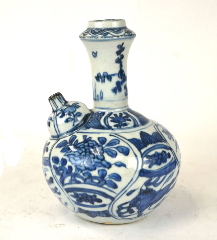 Ming Chinese Blue & White Kendi: Ming dynasty Chinese blue and white porcelain Kendi bottle vase with floral and horse pattern. 8 1/2" x 6 "