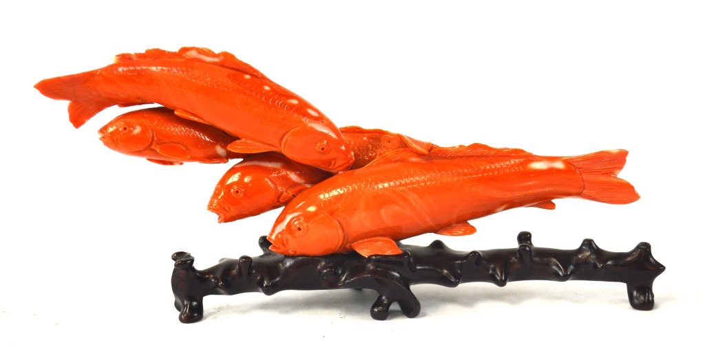 Chinese Carved Red Coral Group of Five Fish (1 of 4)