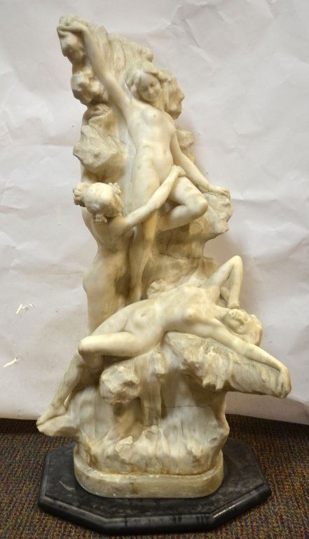 Vittorio Caradossi. Italian White Marble Sculpture: Italian white Carrara marble sculpture with three nudes, a black marble base. 36" H x 18" W x 18" D. Signed signed Prof. Caradpssi. Another one by the same artist was sold at Sotherby's New York. Date