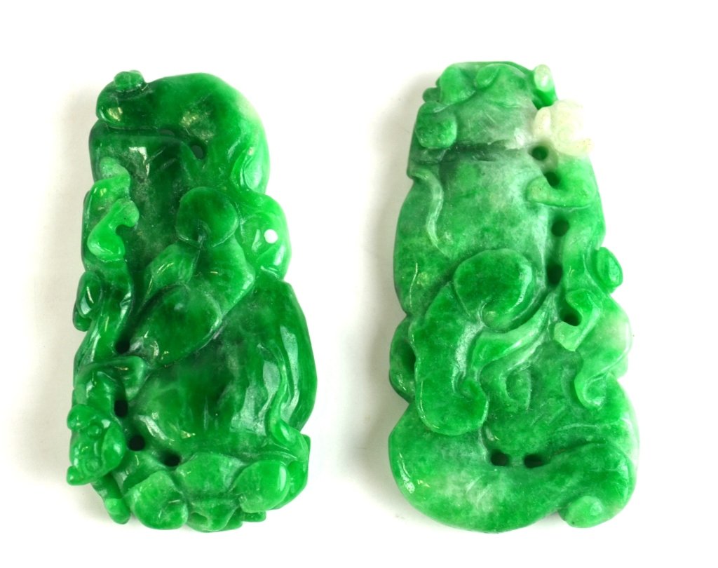 Pair of Chinese Green Jadeites with Caving (1 of 8)