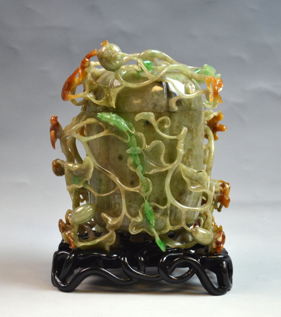 Fine Carved Natural Jadeite Covered Jar w/Stand