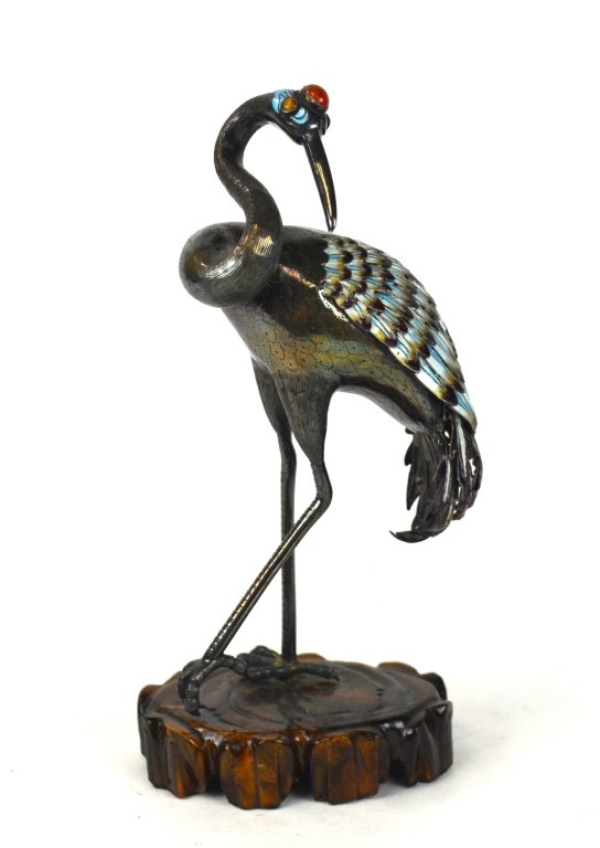 Chinese Silver Enamel Crane On Wood Stand (1 of 10)
