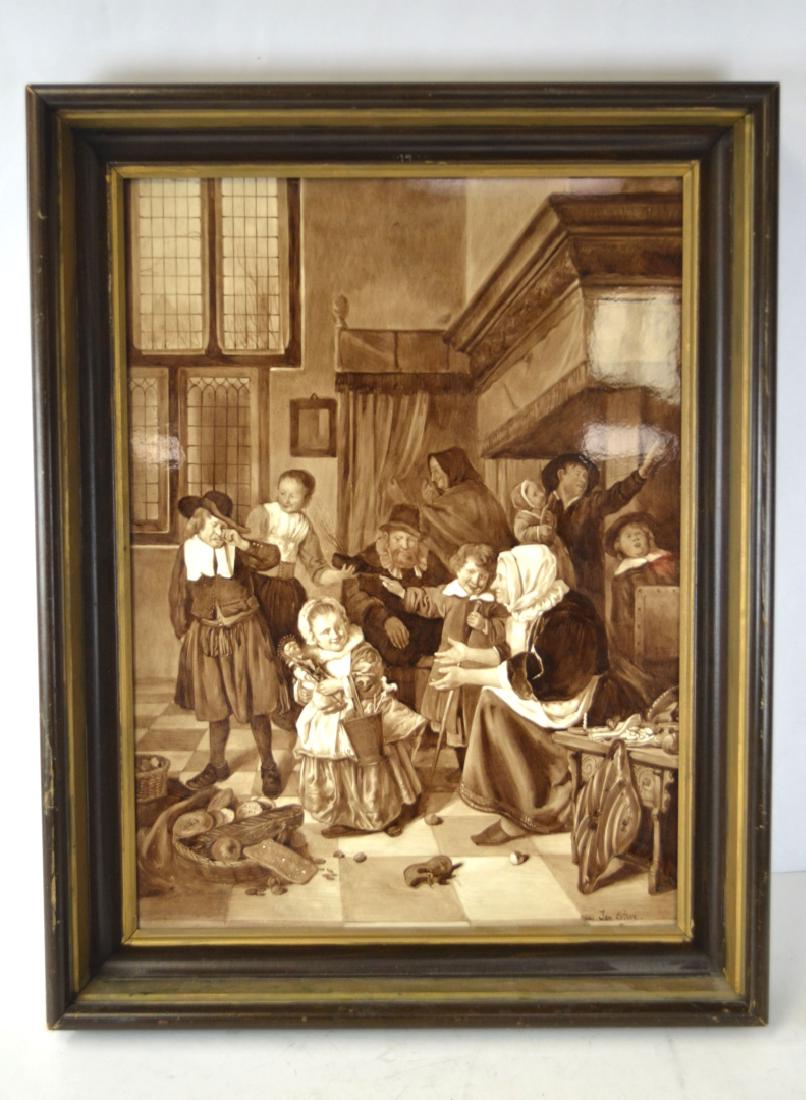 English Framed Porcelain Plaque: English porcelain plaque by Jan Steen. Depicting family scene of parents and children. 24" x 18 1/2" with frame, 20" x 14 1/2" plaque only