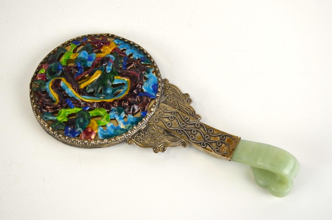Chinese Silver Enamel Mirror w, Jade Handle (1 of 9)