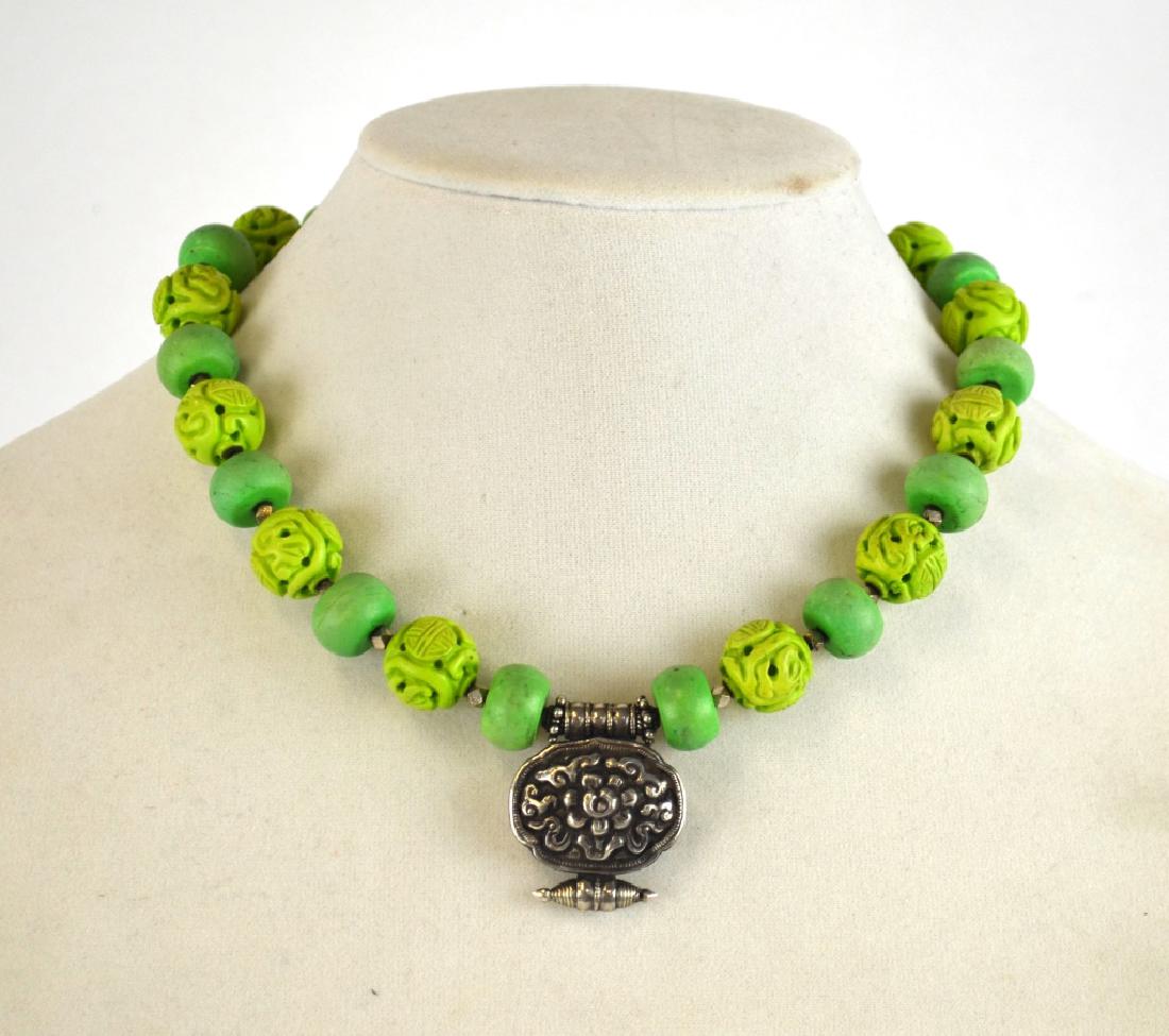 Chinese Turquoise Beads Necklace w/ Silver Pendant (1 of 7)