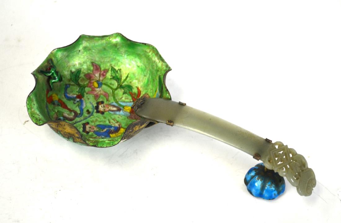 Chinese Silver Enamel Spoon w. Jade Handle (1 of 8)