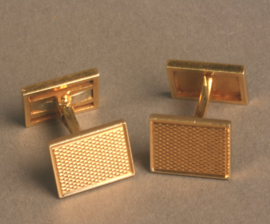 Van Cleef and Arpels. A pair of Gentleman's 18 carat: Van Cleef and Arpels. A pair of Gentleman's 18 carat yellow gold engine turned cufflinks. With French hallmarks. Signed V C A. No. 103508. Stamped 750.15mm wide. 12.8 grams.