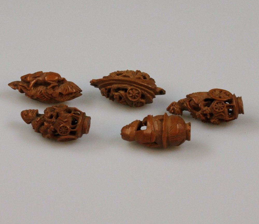 Five Carved Oriental Heidao Nut Hard Pip Seed Miniature (1 of 1)