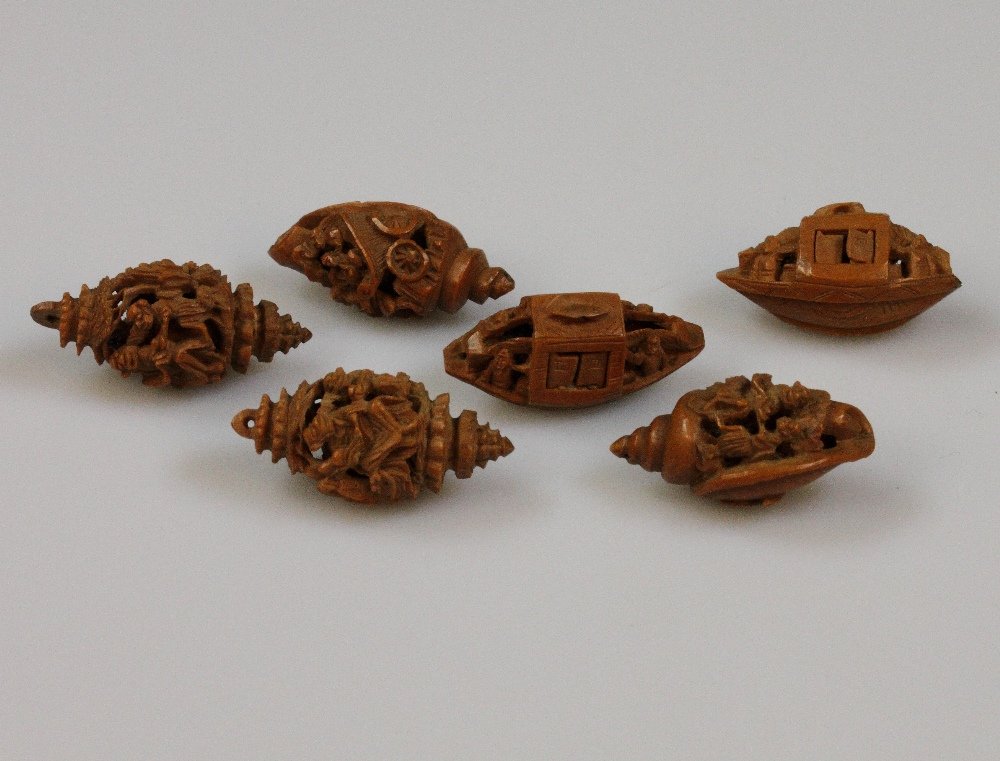 Six Carved Oriental Heidao Nut Hard Pip Seed Miniature (1 of 1)