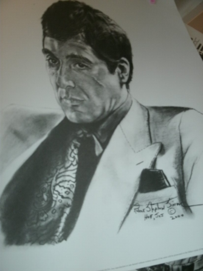 006: Al Pacino"Scarface"Signed Lithograph by Robert Ste: Al Pacino "Scarface" Signed Lithograph by Robert Stephen. Cardboard Poster 20" x 24" The Artist: Robert Stephen Simon is an artist of unique diversity and a temperament as mercurial as his painting st