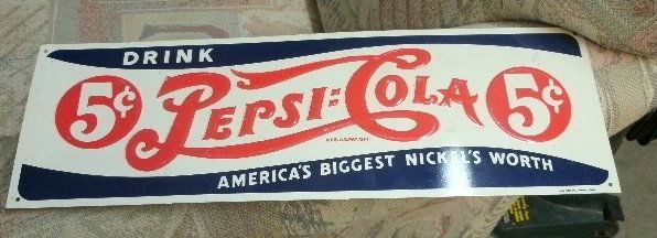 Classic Pepsi-Cola Blue Tin sign: Classic Pepsi-Cola Blue Tin sign. Classic Logo when Pepsi was only a nickel a bottle. Dimensions x 18" Long x 6" Tall Great For any Collector!