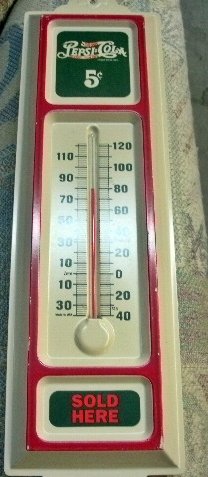 Pepsi Cola Tin Thermometer Vintage Sign: Pepsi Cola Tin Thermometer Vintage Sign. "Pepsi Cola Sold Here 5 Cents" Perfect for any collector. Dimensions: 13" tall x 4" wide