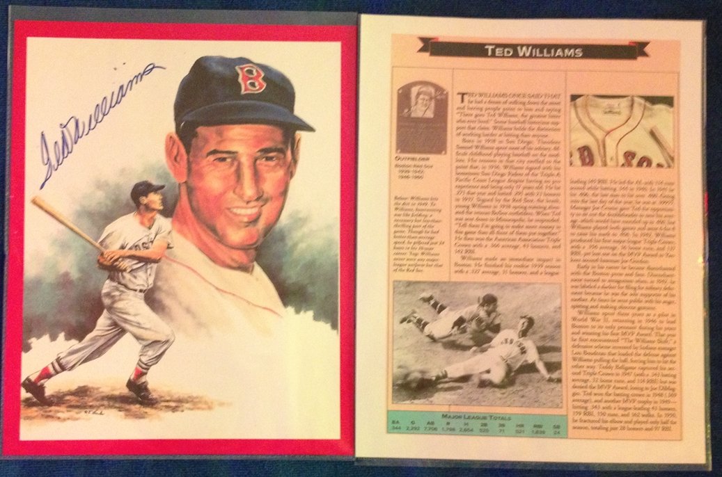Ted Williams Autographed Picture with Bonus 2 page bio: Ted Williams "The Splendid Splinter" Boston Red Sox 1939 to 1942 and 1946 through 1960 Hall of Fame 1966 number of the 500 home run club autographed picture with bonus 2 page biography Photo is 8 inch