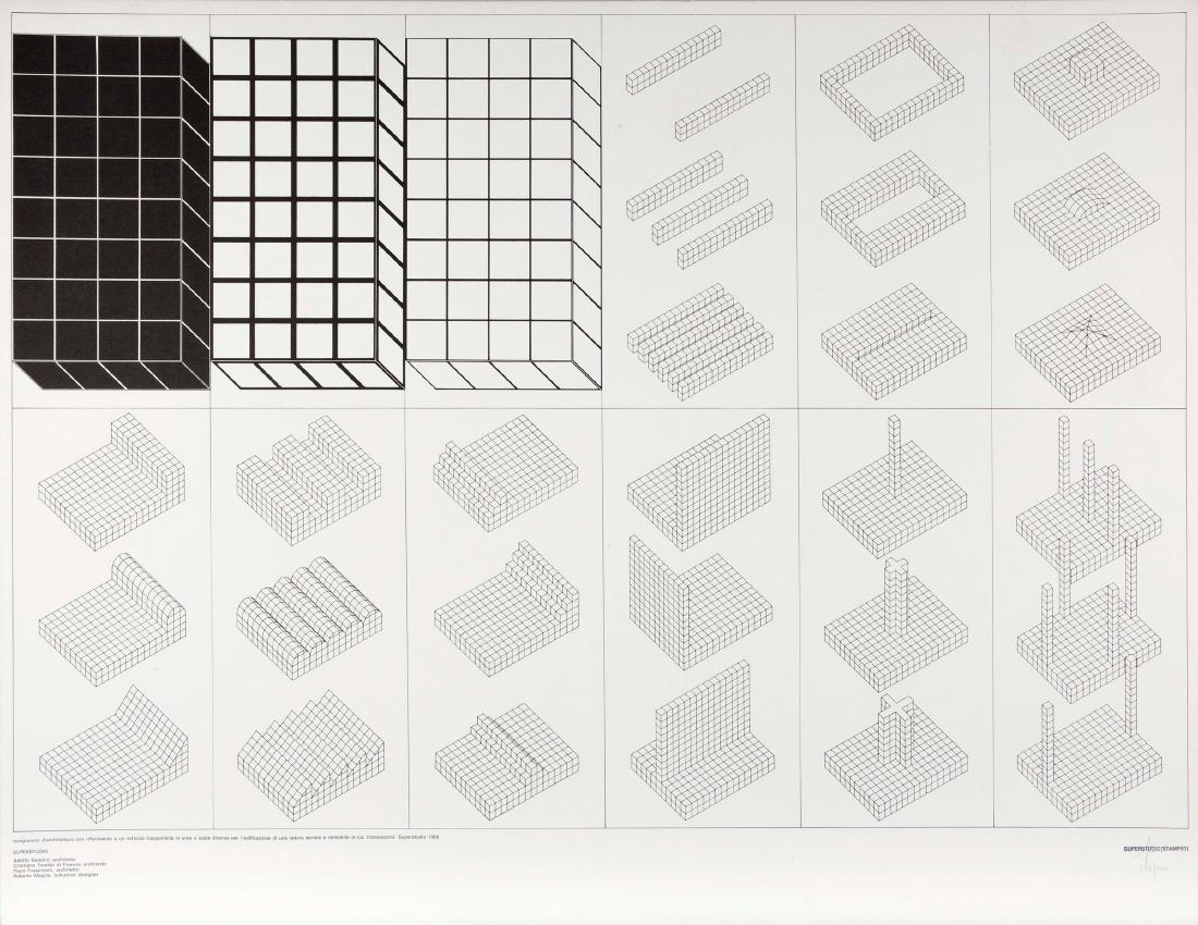 Superstudio Group (1966),: Serigrafie (3): Un viaggio nella ragione, 1970 serigrafia su carta, cm 69x87 ed 283/500, Plura Edizioni, Milano Instogrammi, 1970 serigrafia su carta cm 69x87, ed 480/500, Plura Edizioni, Milano Niaga