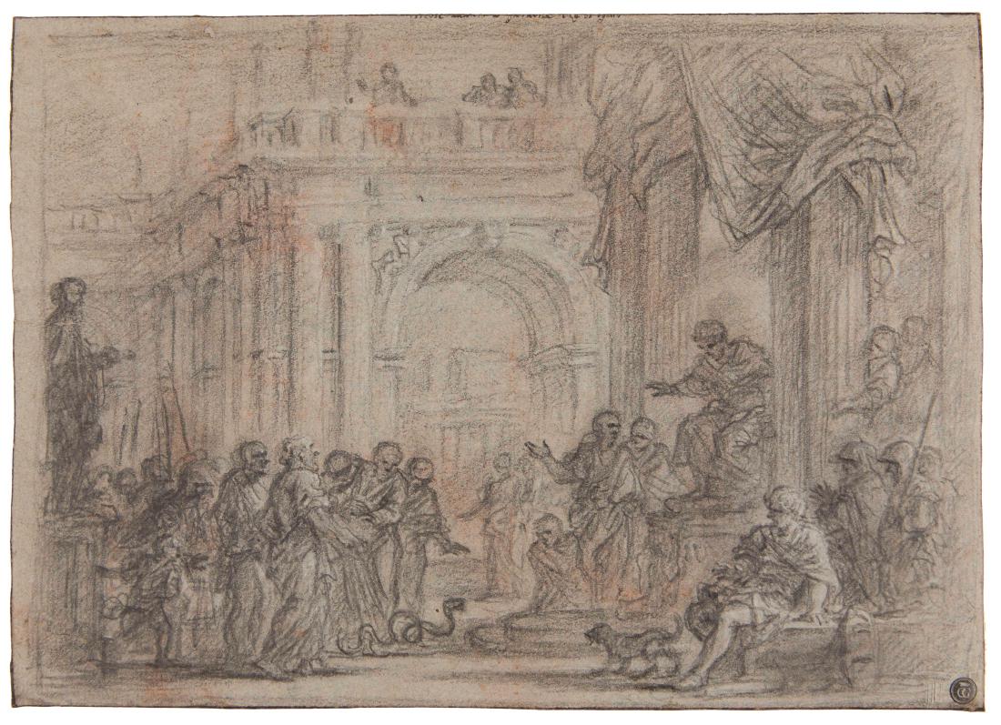 Scuola romana del XVII secolo, MosÃ¨ davanti al Faraone: matita nera e gessetto bianco su carta, mm 195x272 Provenienza: Conte Gelosi, Herbert List