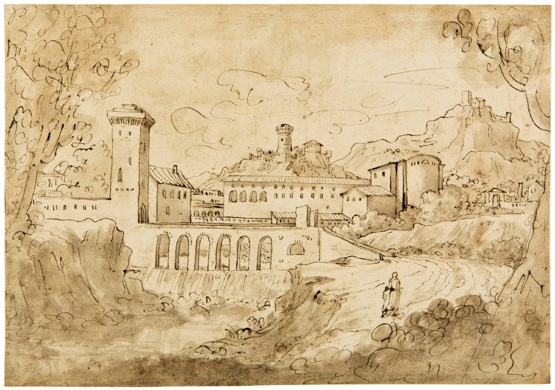 Felice Giani (1758-1823) cerchia di, Veduta di: penna inchiostro bruno su carta, mm 245x350