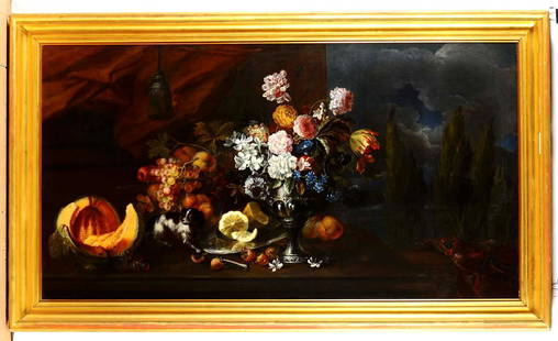 Maximilian Pfeiler (Praga 1683-1701), Natura morta con: olio su tela, cm 88,5x163,8