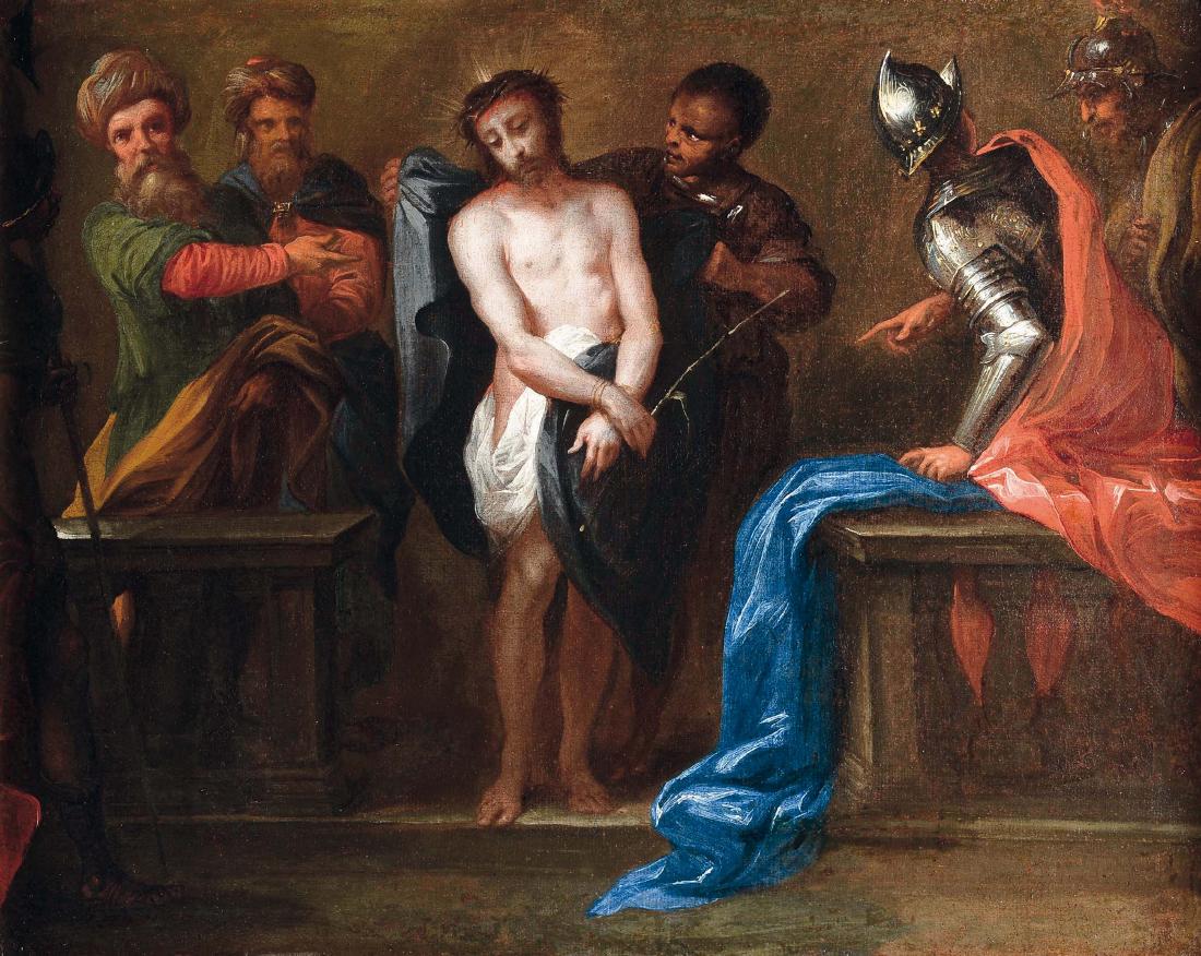 Bartolomeo Biscaino (1632-1657), Ecce Homo: olio su tela, cm 50x63, Biscaino trae il soggetto di questa tela dal Vangelo di Giovanni (19, 5), tema particolarmente amato dalla committenza genovese, tanto che se ne conoscono molte versioni, le pi