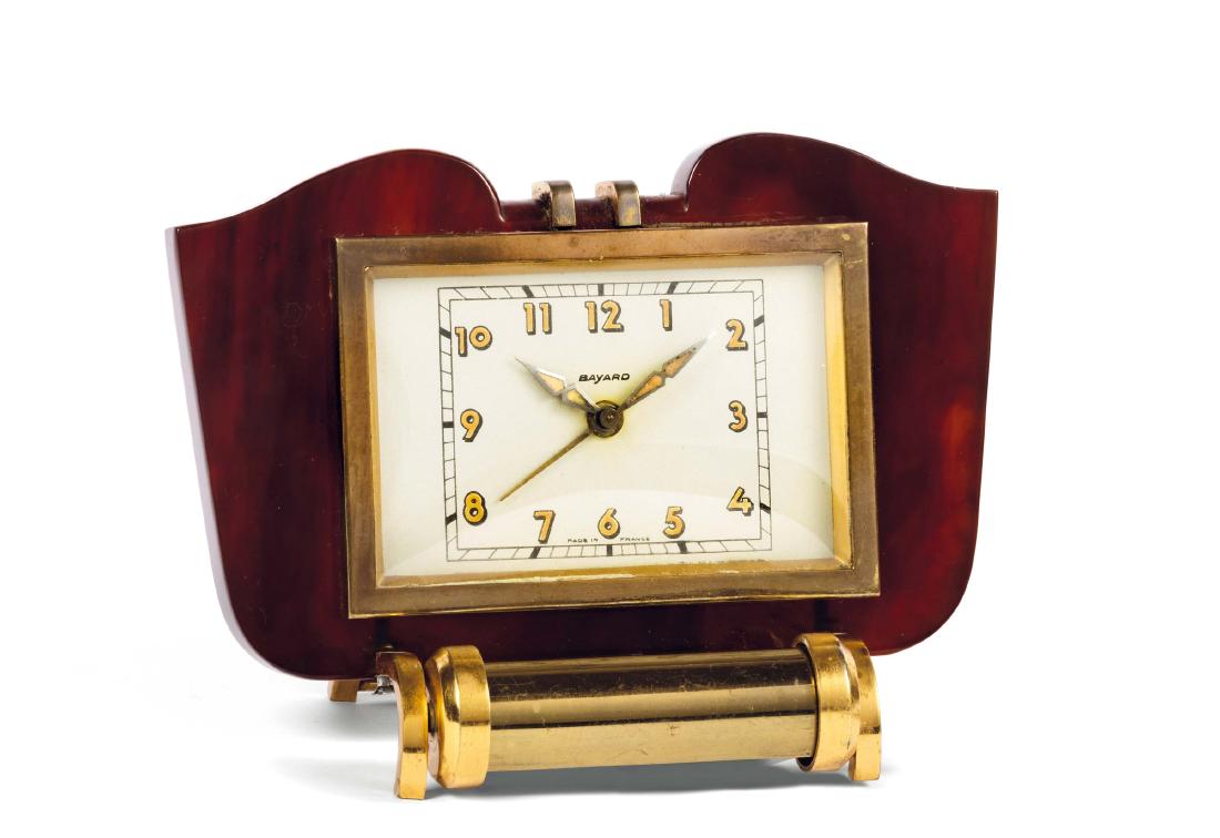 BAYARD, gilt brass and bakelite desk clock with lamp. (1 of 1)