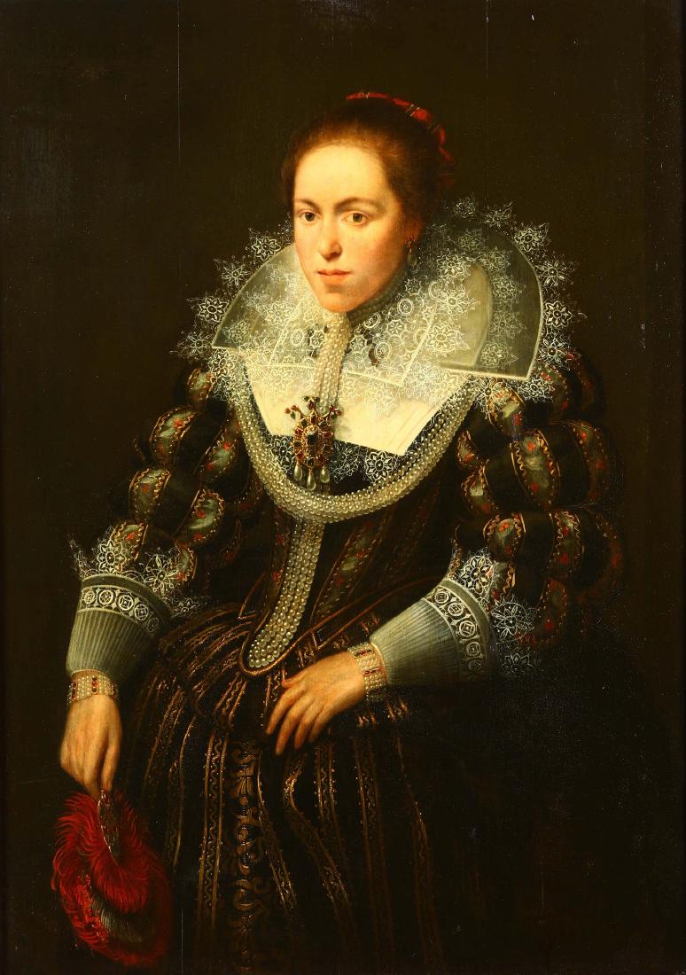 Female portrait. Paulus Moreelse (Utrecht 1571-1638): olio su tavola, cm 110x80, in cornice dorata. Inscr. Â«Aetatis SVA.32/AM.1623Â» alto a sinistra, Provenienza: Sothebys NY, 22-05-1992, lotto numero 267 Galleria Mossini Mantova. Paulus Moreelse fu