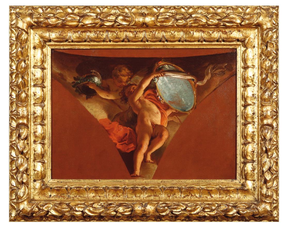 Putti playing. Gaetano Gandolfi (Bologna 1734 - 1802): Si tratta dei bozzetti preparatori per due pennacchi della cupola della chiesa di Santa Maria della Vita a Bologna olio su tela, cm 33x45,5, in cornici intagliate e dorate , Provenienza: Arcade Galler