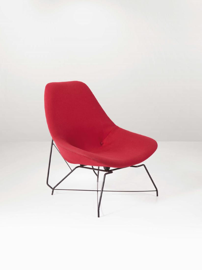 Augusto Bozzi,: Poltrona con struttura in metallo laccato, rivestimenti in tessuto e supporti in gomma. Prod. Saporiti, Italia, 1950 ca. cm 79x81x58