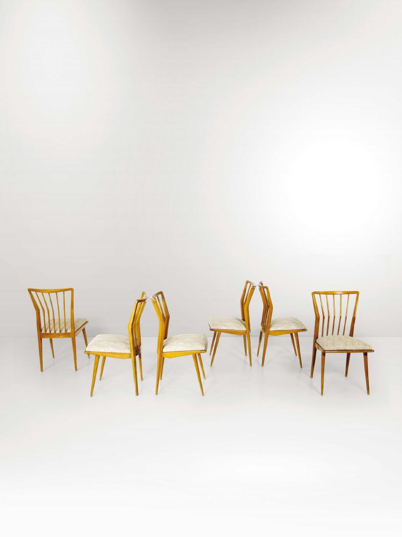 Maurizio Tempestini ,: Sei sedie in legno con rivestimento in tessuto. Prod. Italia, 1950 ca. cm 45x85x45