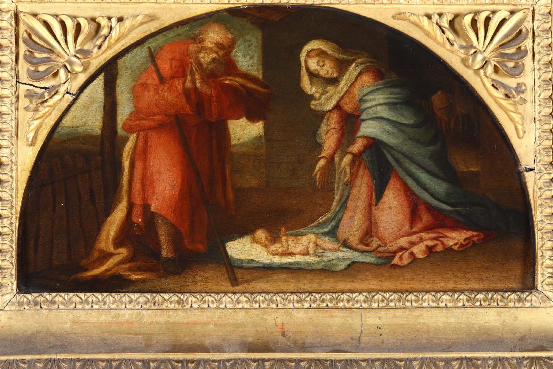 Scuola della fine del XVI secolo, NativitÃ : olio su tavola demi-lune, cm 21x38
