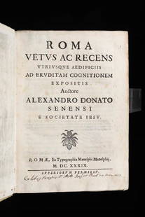 Donati, Alessandro, Roma vetus ac recens utriusque: In-4Â°. Bella rilegatura coeva in piena pergamena. Brunitura disuniforme. Piccoli fori di tarlo marginali ad alcune carte. Buon esemplare. Antiporta e tre tavole(strappo alla prima delle tre e bruni